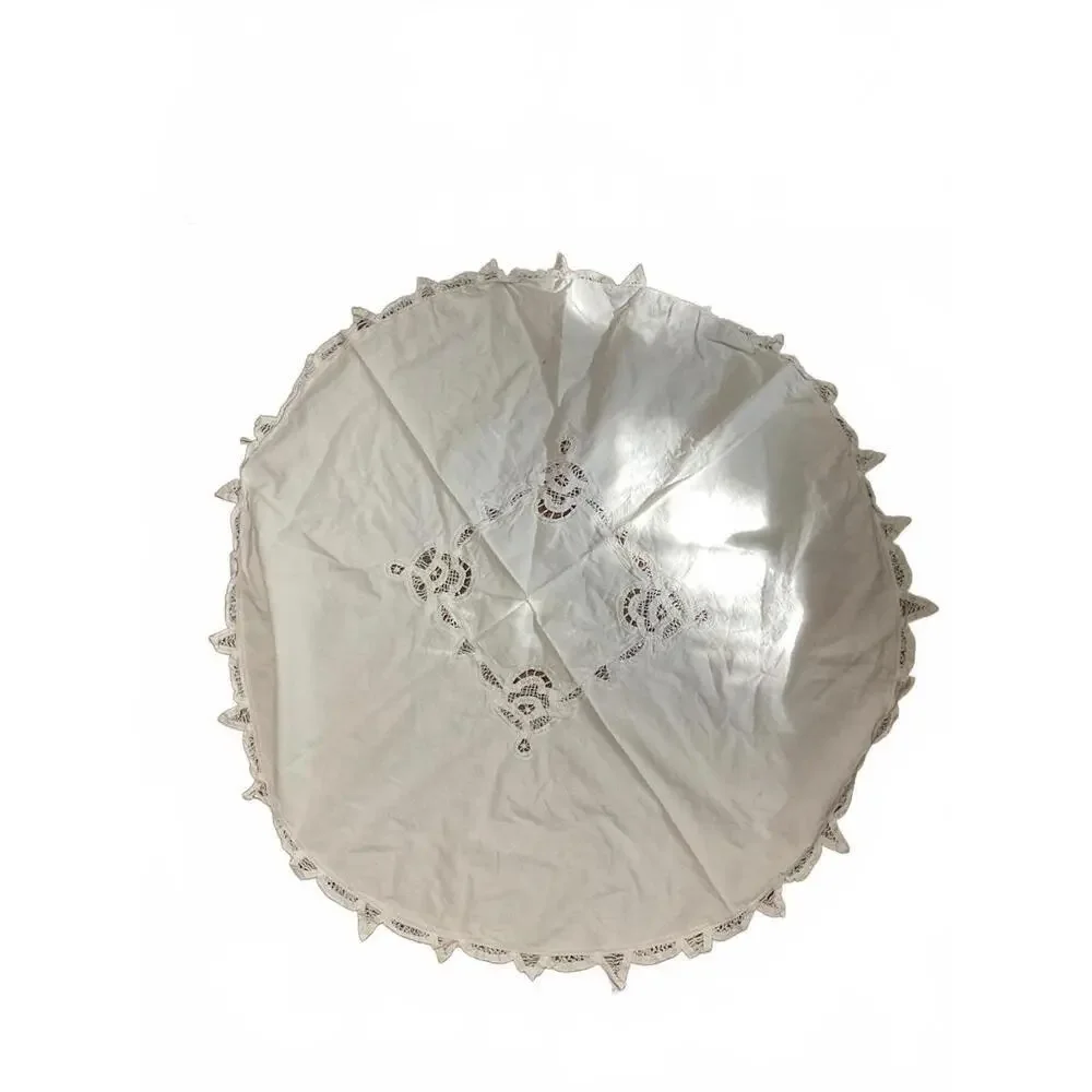 Round White  Embroidered Tablecloth with Lace Trim